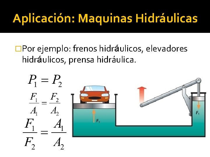 Aplicación: Maquinas Hidráulicas �Por ejemplo: frenos hidráulicos, elevadores hidráulicos, prensa hidráulica. 