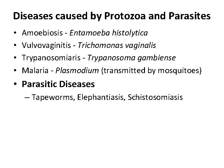 Diseases caused by Protozoa and Parasites • • Amoebiosis - Entamoeba histolytica Vulvovaginitis -