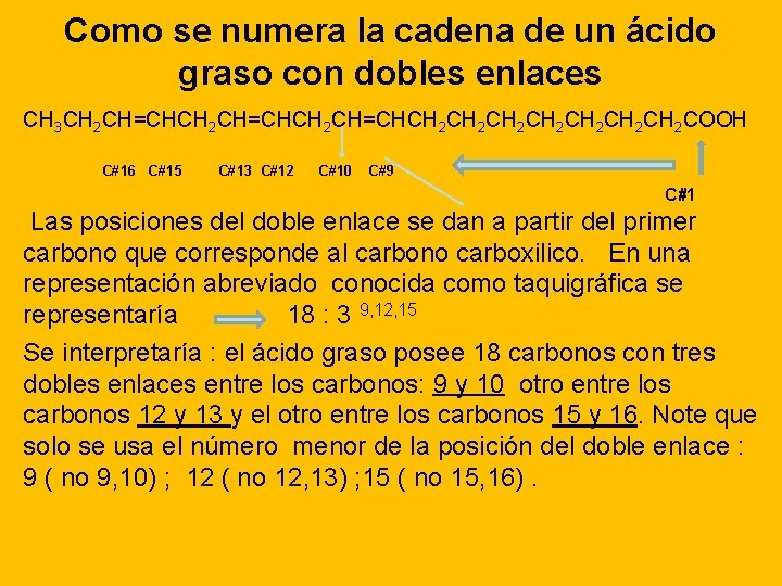 Como se numera la cadena de un ácido graso con dobles enlaces CH 3