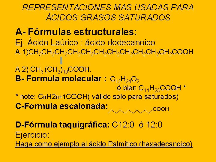 REPRESENTACIONES MAS USADAS PARA ÁCIDOS GRASOS SATURADOS A- Fórmulas estructurales: Ej. Ácido Laúrico :