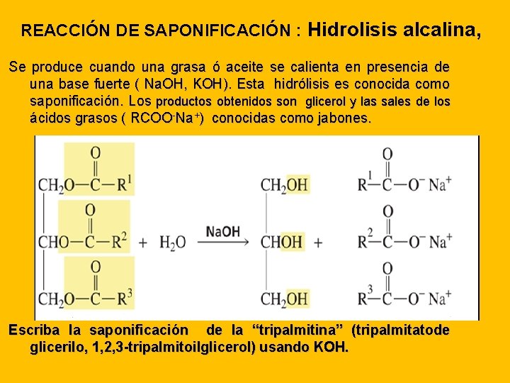 REACCIÓN DE SAPONIFICACIÓN : Hidrolisis alcalina, Se produce cuando una grasa ó aceite se