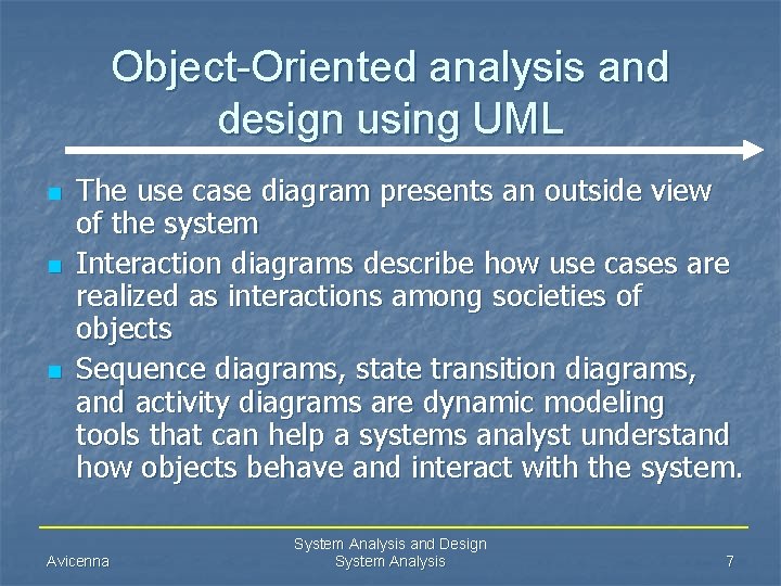 Object-Oriented analysis and design using UML n n n The use case diagram presents