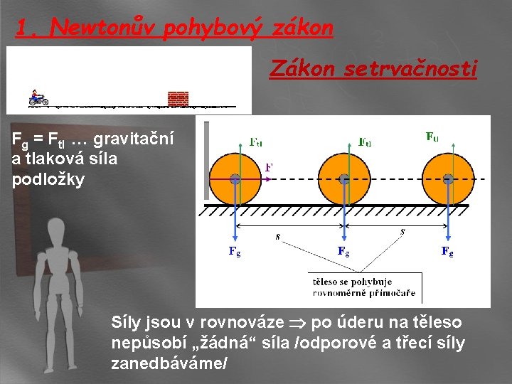 1. Newtonův pohybový zákon Zákon setrvačnosti Fg = Ftl … gravitační a tlaková síla