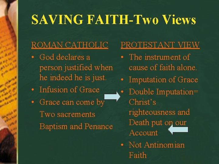 SAVING FAITH-Two Views ROMAN CATHOLIC • God declares a person justified when he indeed