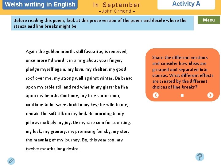Welsh writing in in English In September Activity A – John Ormond – Before