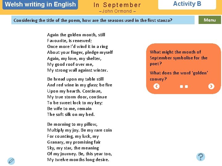 Welsh writing in in English Activity B In September – John Ormond – Considering