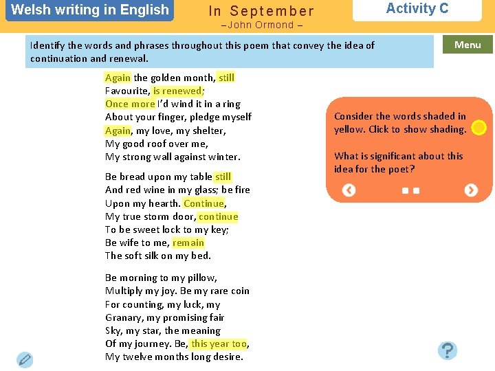 Welsh writing in in English Activity C In September – John Ormond – Identify