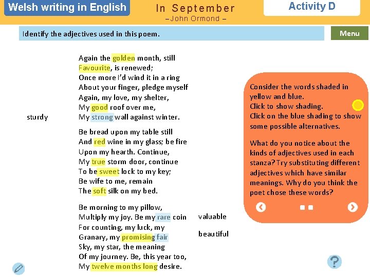 Welsh writing in in English In September Activity D – John Ormond – Menu