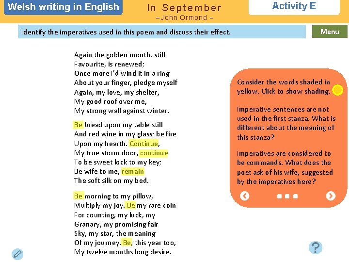 Welsh writing in in English In September Activity E – John Ormond – Identify