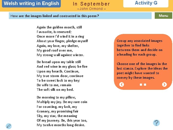 Welsh writing in in English In September Activity G – John Ormond – How