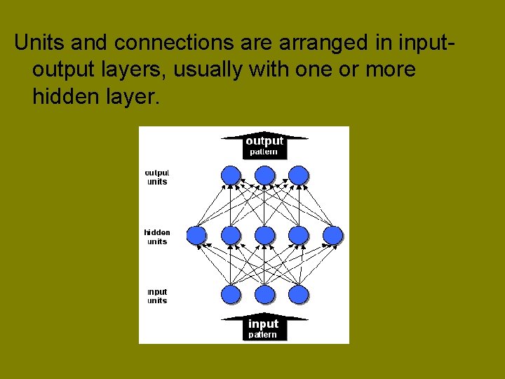 Units and connections are arranged in inputoutput layers, usually with one or more hidden