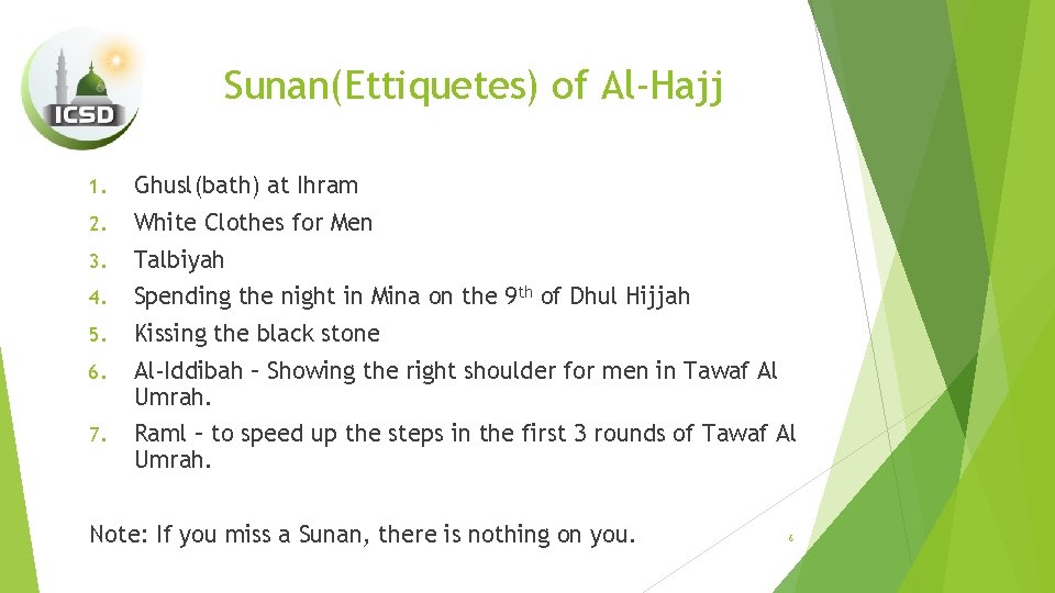 Sunan(Ettiquetes) of Al-Hajj 1. Ghusl(bath) at Ihram 2. White Clothes for Men 3. Talbiyah