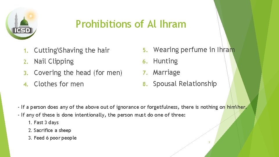 Prohibitions of Al Ihram 1. CuttingShaving the hair 5. Wearing perfume in Ihram 2.