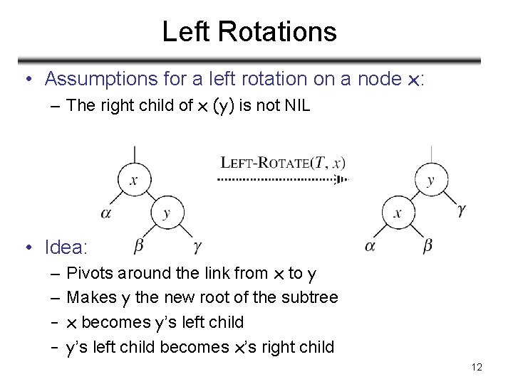 Left Rotations • Assumptions for a left rotation on a node x: – The