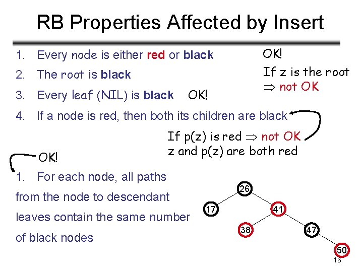 RB Properties Affected by Insert 1. Every node is either red or black OK!