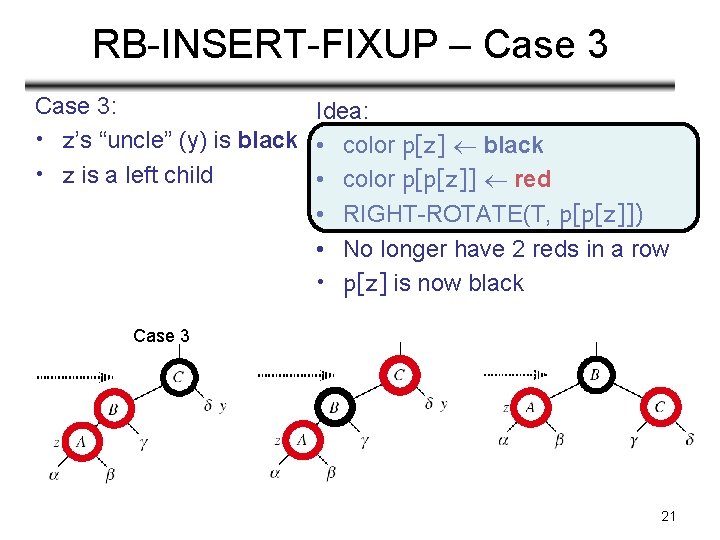 RB-INSERT-FIXUP – Case 3: Idea: • z’s “uncle” (y) is black • color p[z]