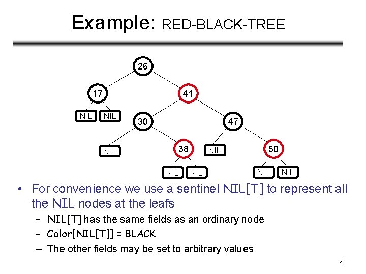 Example: RED-BLACK-TREE 26 17 NIL 41 NIL 30 47 38 NIL 50 NIL NIL