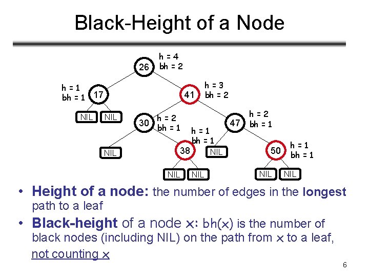 Black-Height of a Node 26 h=1 bh = 1 h=4 bh = 2 17