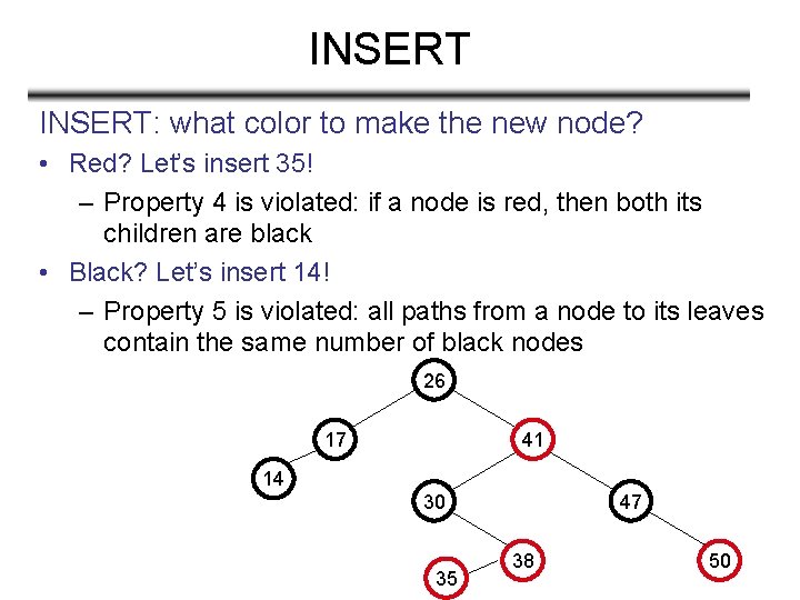 INSERT: what color to make the new node? • Red? Let’s insert 35! –