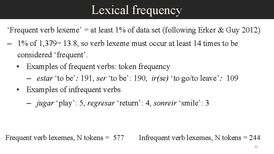 Lexical frequency ‘Frequent verb lexeme’ = at least 1% of data set (following Erker