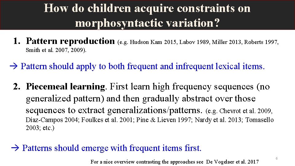 How do children acquire constraints on morphosyntactic variation? 1. Pattern reproduction (e. g. Hudson