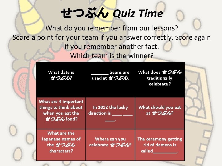 せつぶん Quiz Time What do you remember from our lessons? Score a point for