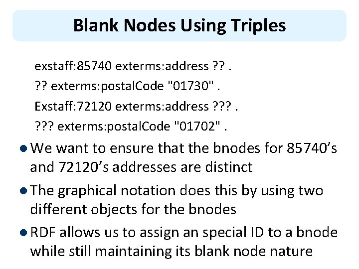 Blank Nodes Using Triples exstaff: 85740 exterms: address ? ? exterms: postal. Code "01730".