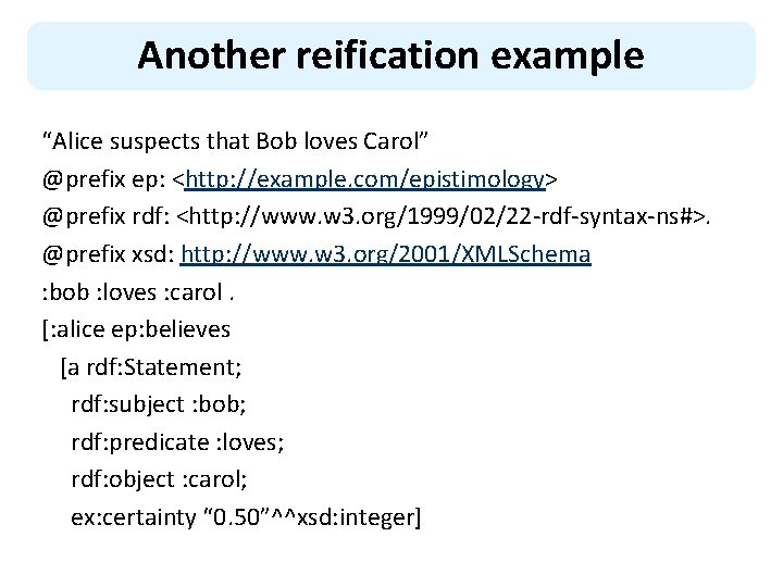 Another reification example “Alice suspects that Bob loves Carol” @prefix ep: <http: //example. com/epistimology>