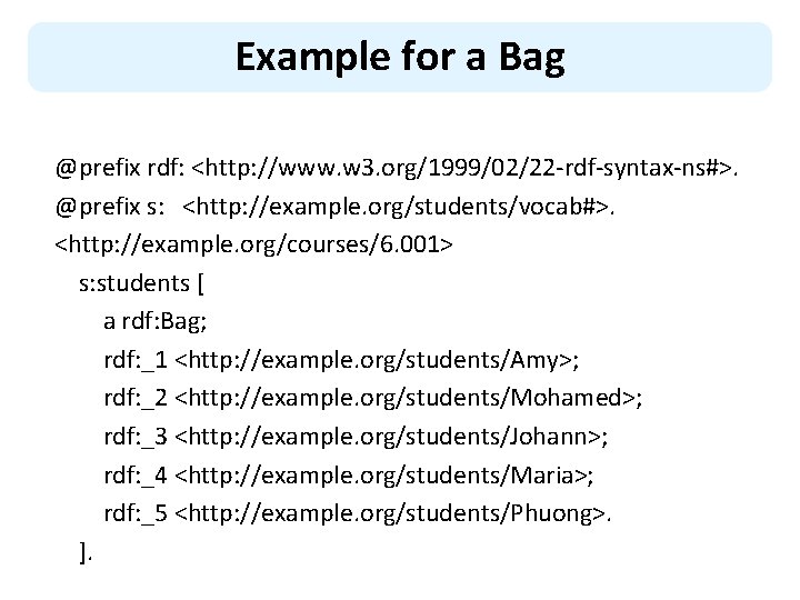 Example for a Bag @prefix rdf: <http: //www. w 3. org/1999/02/22 -rdf-syntax-ns#>. @prefix s:
