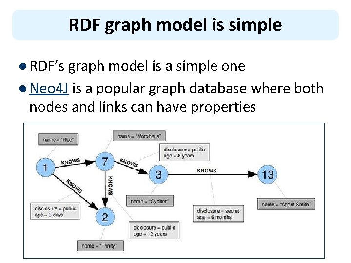 RDF graph model is simple l RDF’s graph model is a simple one l