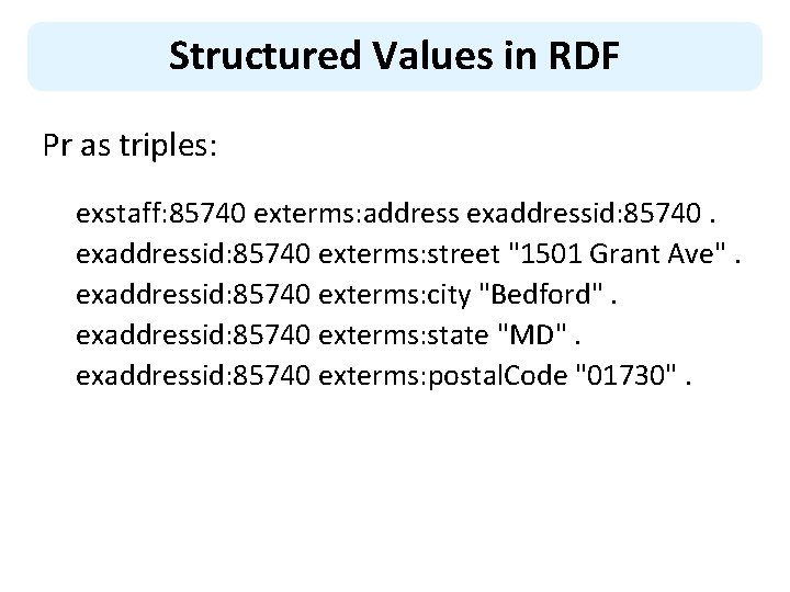 Structured Values in RDF Pr as triples: exstaff: 85740 exterms: address exaddressid: 85740 exterms: