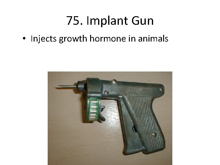 75. Implant Gun • Injects growth hormone in animals 