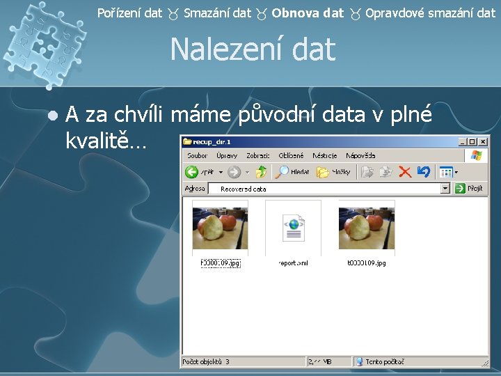 Pořízení dat Smazání dat Obnova dat Opravdové smazání dat Nalezení dat l A za