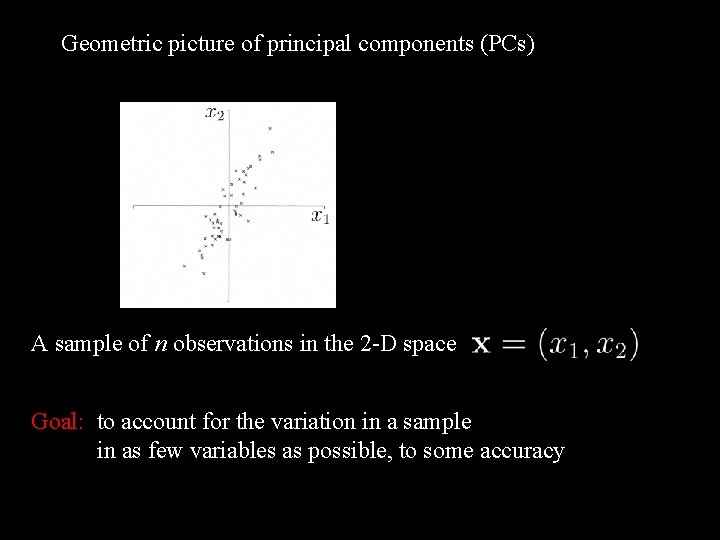 Geometric picture of principal components (PCs) A sample of n observations in the 2