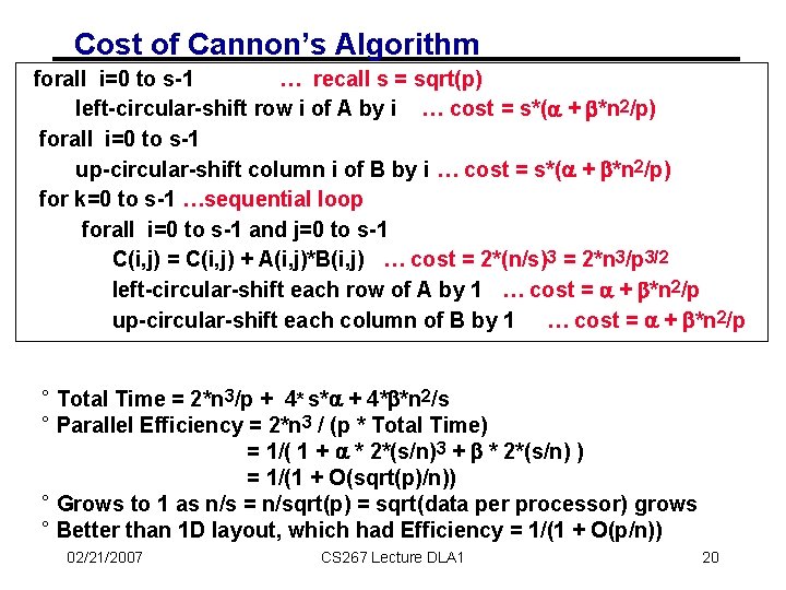 Cost of Cannon’s Algorithm forall i=0 to s-1 … recall s = sqrt(p) left-circular-shift