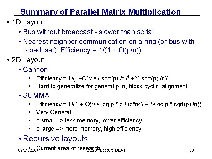 Summary of Parallel Matrix Multiplication • 1 D Layout • Bus without broadcast -