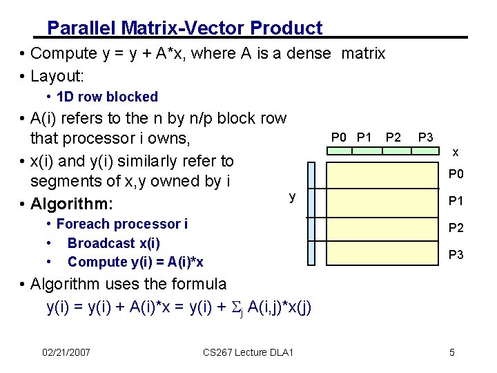 Parallel Matrix-Vector Product • Compute y = y + A*x, where A is a