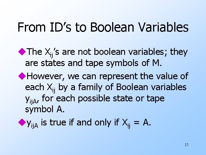 From ID’s to Boolean Variables u. The Xij’s are not boolean variables; they are