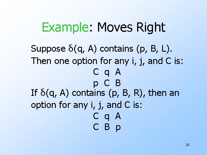 Example: Moves Right Suppose δ(q, A) contains (p, B, L). Then one option for