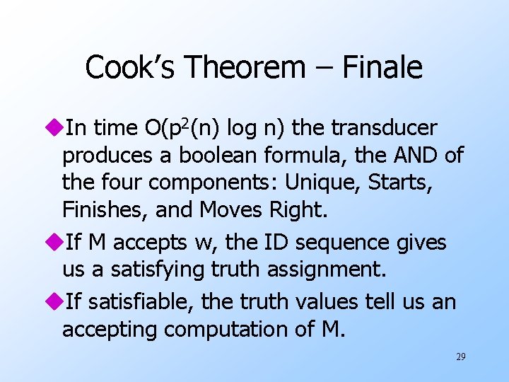 Cook’s Theorem – Finale u. In time O(p 2(n) log n) the transducer produces