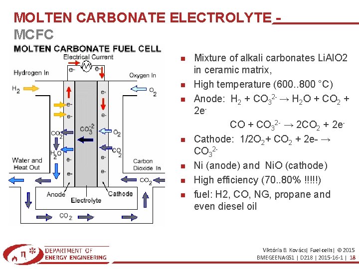 MOLTEN CARBONATE ELECTROLYTE MCFC Mixture of alkali carbonates Li. Al. O 2 in ceramic