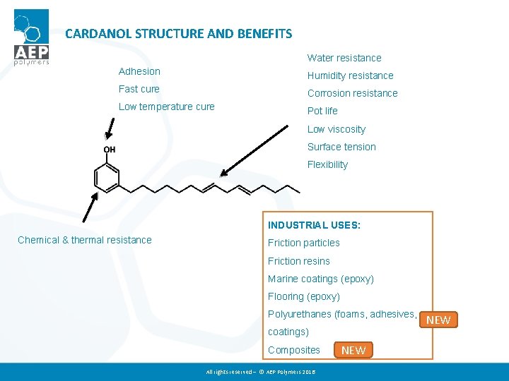 CARDANOL STRUCTURE AND BENEFITS Water resistance Adhesion Humidity resistance Fast cure Corrosion resistance Low