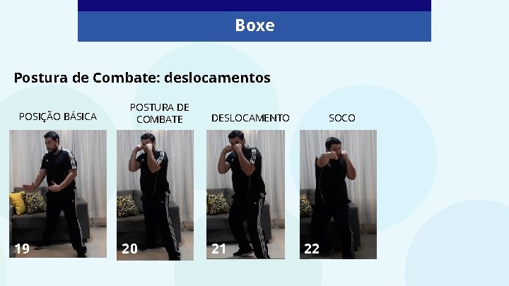 Boxe Postura de Combate: deslocamentos POSIÇÃO BÁSICA 19 POSTURA DE COMBATE 20 SOCO DESLOCAMENTO