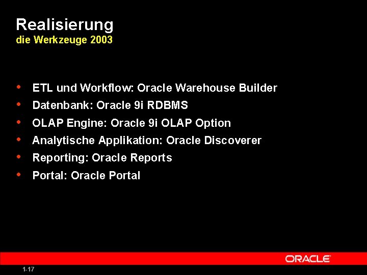 Realisierung die Werkzeuge 2003 • • • ETL und Workflow: Oracle Warehouse Builder Datenbank: