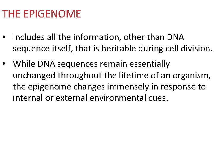 THE EPIGENOME • Includes all the information, other than DNA sequence itself, that is