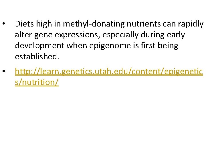  • Diets high in methyl-donating nutrients can rapidly alter gene expressions, especially during