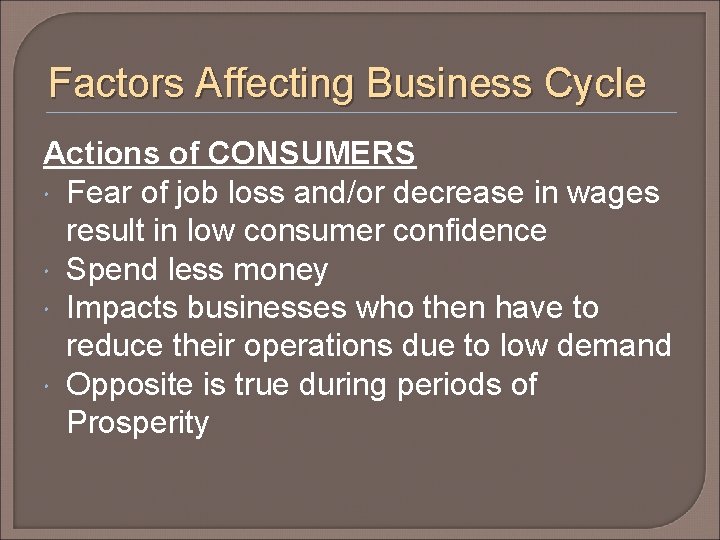 Factors Affecting Business Cycle Actions of CONSUMERS Fear of job loss and/or decrease in