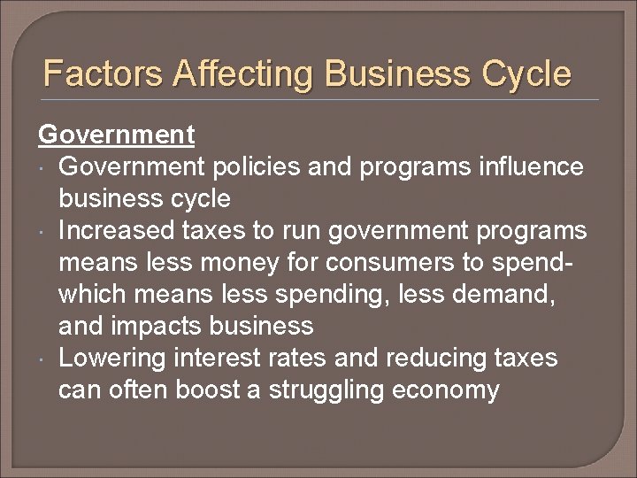 Factors Affecting Business Cycle Government policies and programs influence business cycle Increased taxes to