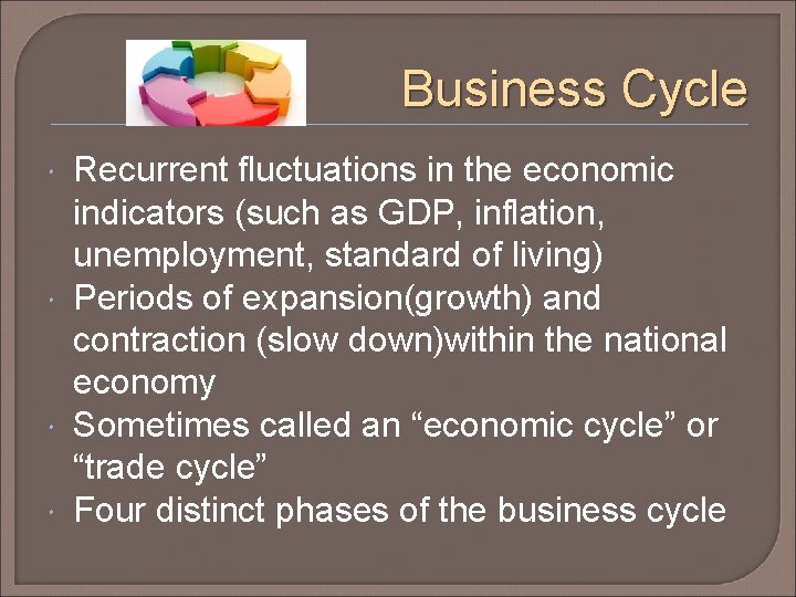 Business Cycle Recurrent fluctuations in the economic indicators (such as GDP, inflation, unemployment, standard