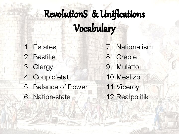 Revolution. S & Unifications Vocabulary 1. 2. 3. 4. 5. 6. Estates Bastille Clergy